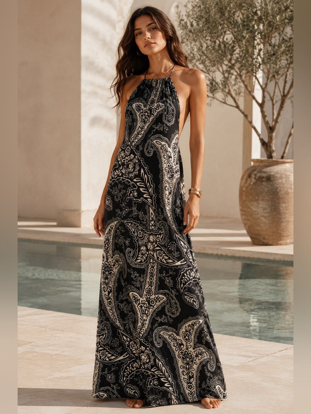 Kith Black and Cream Paisley Halter Maxi Dress